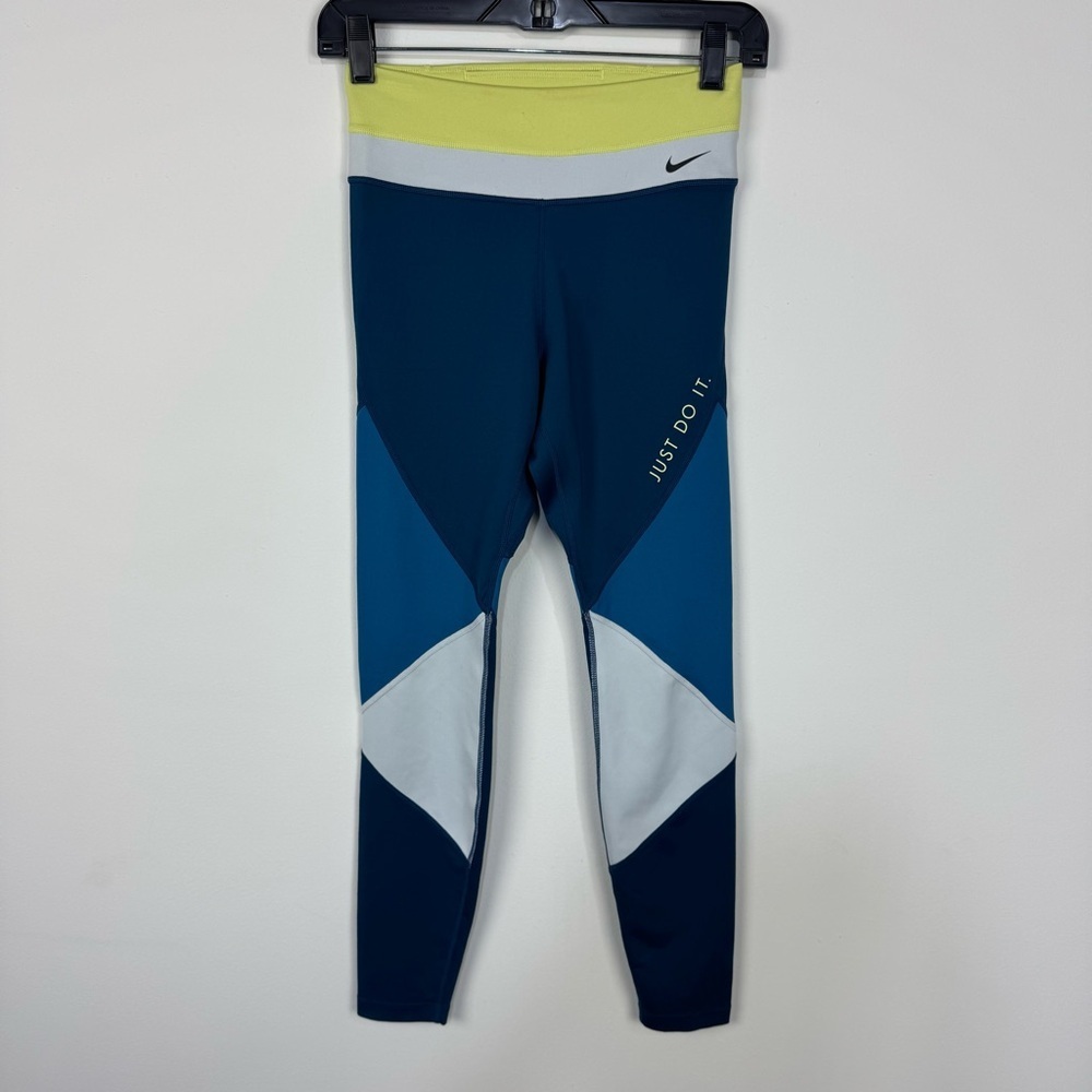 Nike Dri Fit Colorblock Blue & Yellow Full Length Leggings Workout